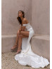 Ivory Satin Pearls Embellished Wedding Dress With Detachable Straps Ivory Satin Pearls Embellished Wedding Dress With Detachable Straps